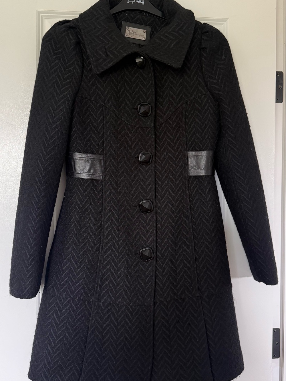 Mackage Black Chevron Wool-Blend Pea Coat with Leather Trim